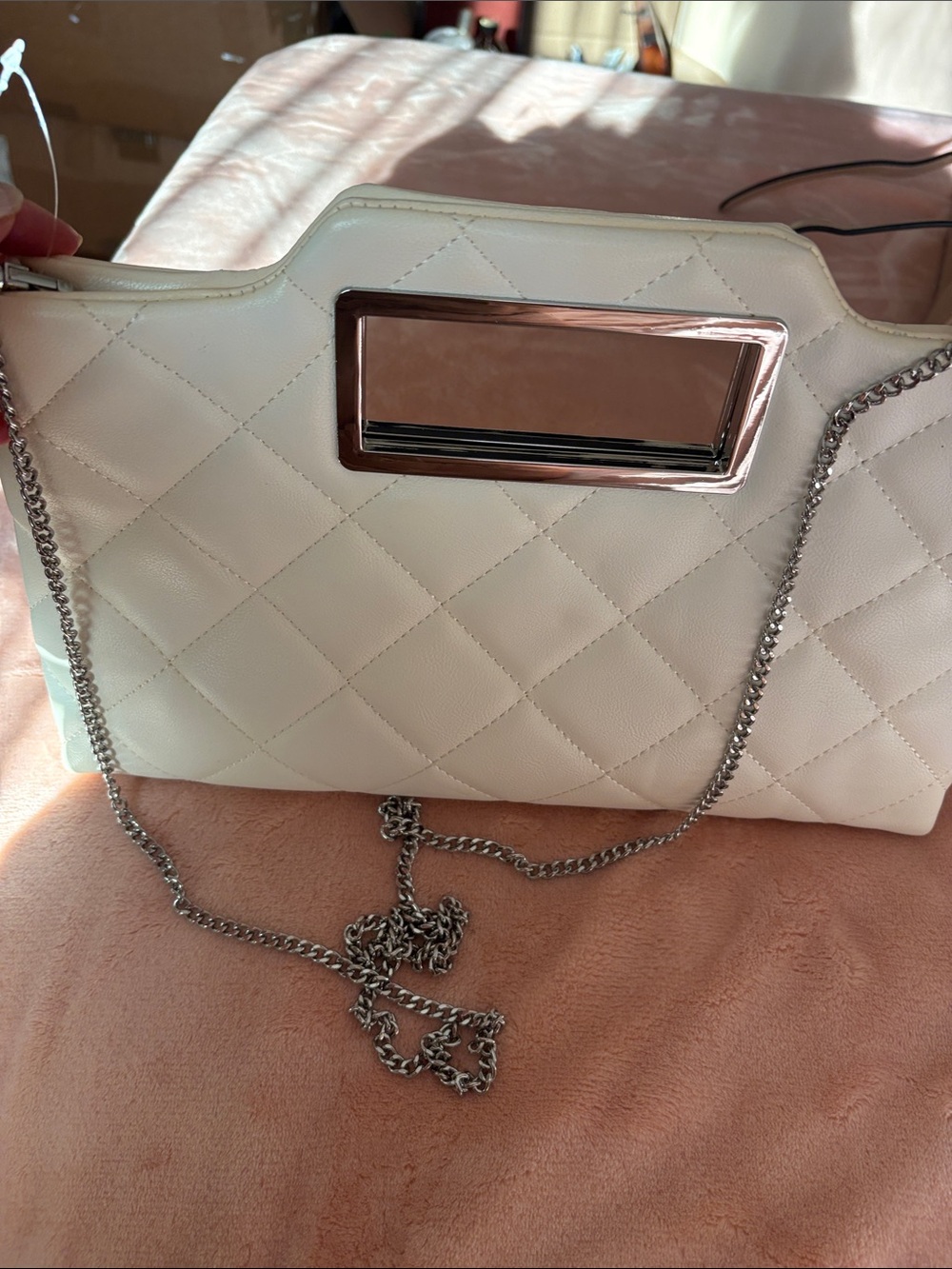 INC International Concepts Quilted Cream Shoulder Bag with Silver Chain